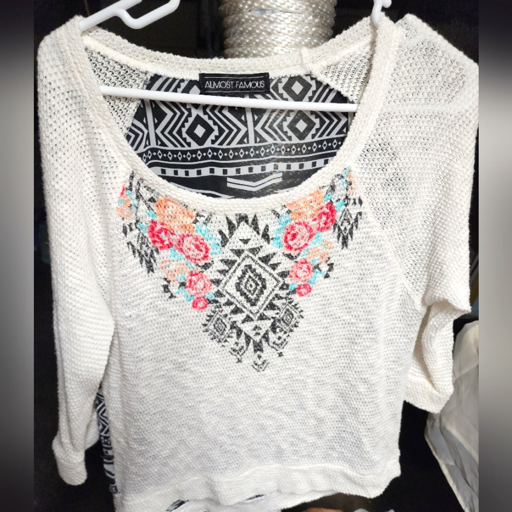 Almost Famous L beautiful sheer 3/4 sleeve shirt with neer see-through back.